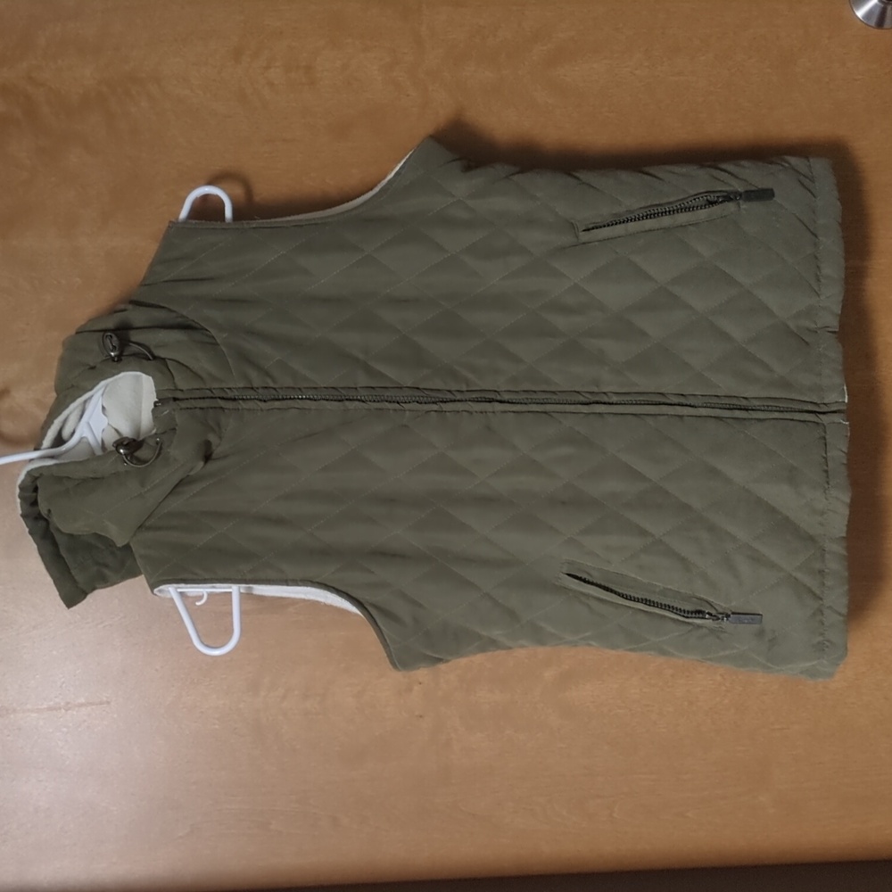 Rain Forest Reversible Vest - Quilted Olive Ivory Fleece - Full Zip-Cargo - EUC